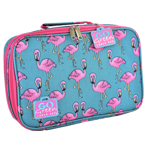 The "Go Green Value Bundle - Flamingo" is a rectangular lunch box with a blue background and pink trim, showcasing a playful flamingo pattern. A tag on the front proudly displays "Go Green Lunch Boxes," making it an ideal choice for eco-conscious lunches.