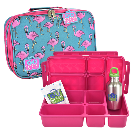 The Go Green Value Bundle - Flamingo is a children's lunchbox set that includes a teal durable nylon bag with pink flamingo patterns, an insulated stainless steel water bottle, a four-compartment pink bento box, and a reusable gel ice pack. The brand "Go Green" logo is proudly displayed on all the items.