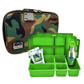 Introducing the Go Green Value Bundle - Green Camo: an earth-friendly lunchbox set that includes a camouflage-patterned insulated carry bag, a green compartmentalized container, a small green water bottle, and an ice pack. All items proudly display the "Go Green" logo.