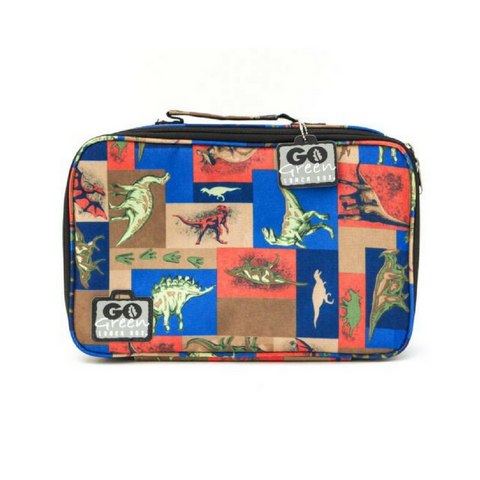 Introduce your child to eco-friendly lunches with the Go Green Value Bundle - Jurassic Party. This small rectangular insulated carry bag, featuring blue and brown hues adorned with various dinosaur illustrations, proudly displays "Go Green Lunch Boxes" on two labels. It is equipped with a zippered closure, leak-proof compartments, and a handle on top for easy portability.
