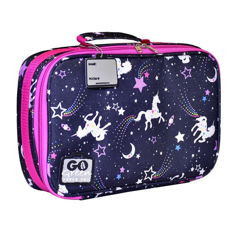 The Go Green Value Bundle - Magical Sky is a rectangular lunch bag featuring a dark purple backdrop adorned with white unicorns, stars, and rainbows. It includes pink zippers, a top handle with an attached name tag holder, and the "Go Green Lunch Boxes" logo displayed in the bottom left corner. This BPA-free bag is also leak-proof for added convenience.