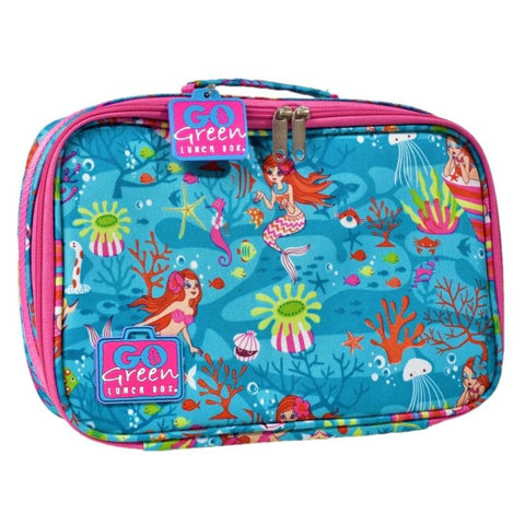 Introducing the Go Green Value Bundle - Mermaid Paradise, a vibrant lunch box adorned with a sea-themed design featuring mermaids, fish, jellyfish, and colorful underwater plants set against a blue background. It boasts pink accents and a tag that reads "GO Green Lunch Boxes." Equipped with the innovative Turn 'n Lock technology, this eco-friendly solution includes a convenient handle and zip closure.