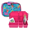 Introducing the Go Green Value Bundle - Mermaid Paradise by Go Green: This eco-friendly set includes a blue insulated bag with a vibrant mermaid design, a pink lunch container equipped with multiple compartments and Turn 'n Lock technology, an ice pack, and a stainless steel water bottle featuring the Go Green logo and a green cap. An ideal earth-friendly solution for everyday use.