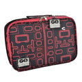 A black and red rectangular lunch box with a geometric pattern. Two labels near the zipper read "Go Green Lunch Boxes." The BPA-free Go Green Value Bundle - Packman lunch box has a handle on top and appears insulated.