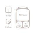 Illustration showing a diagram of measuring cups and containers from the Goodbyn Hero (with Dipper Set) collection by Goodbyn. The image includes a 6 fl oz square cup, a 2.6 fl oz round cup, an 11-cup rectangular container, and another 11-cup rectangular container. The largest container, ideal for a BPA free lunch box, has a capacity of 4.78 cups.