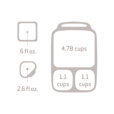 Illustration showing a diagram of measuring cups and containers from the Goodbyn Hero (with Dipper Set) collection by Goodbyn. The image includes a 6 fl oz square cup, a 2.6 fl oz round cup, an 11-cup rectangular container, and another 11-cup rectangular container. The largest container, ideal for a BPA free lunch box, has a capacity of 4.78 cups.