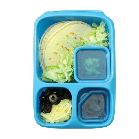 A Goodbyn Hero (with Dipper Set) blue bento box from Goodbyn, containing two folded tortillas, shredded lettuce, sliced black olives, shredded cheese, and a small container with salsa. This BPA-free lunch box is divided into compartments for the different ingredients and includes leakproof dippers for added convenience.