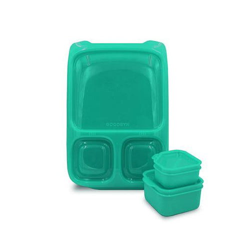 The Goodbyn Hero (with Dipper Set), a green three-compartment plastic lunch container from the brand Goodbyn, is displayed against a white background. This BPA-free lunch box comes with an additional pair of small, green snap-lid containers or leakproof dippers to ensure your meals stay fresh and secure.