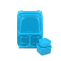 Introducing the BPA-free Goodbyn Hero (with Dipper Set) from Goodbyn: a blue plastic bento box featuring three compartments—one large main section and two smaller sections. Included are two small blue square containers with lids, ideal for sauces or snacks. Additionally, benefit from the convenience of leakproof dippers for added versatility.