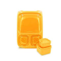 A Goodbyn Hero (with Dipper Set) in orange, featuring three sections, is pictured. Two smaller, leakproof dippers are stacked beside it, highlighting their compact design and compatibility with the BPA-free lunch box from Goodbyn.