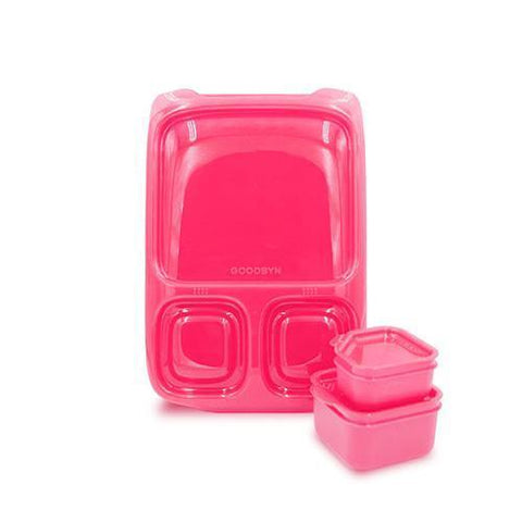 The Goodbyn Hero (with Dipper Set) by Goodbyn is a vibrant pink bento lunch box that includes two matching BPA-free, leakproof dippers. It boasts one large compartment and two smaller, squarish compartments, with the smaller containers conveniently stacked beside the main box.