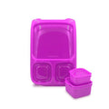 The Goodbyn Hero (with Dipper Set) by Goodbyn features a purple, BPA-free lunch box that includes two lower sections and a main upper section. The image also showcases two separate, smaller leakproof dippers placed in front of the lunchbox.