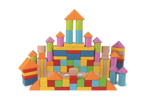 The HAPE 101pcs Blocks set by HAPE allows you to construct a vibrant castle from an assortment of geometric-shaped wooden blocks—including cubes, cylinders, triangles, and rectangles—in lively shades of orange, red, yellow, green, blue, and purple. This initial block set includes towers, roofs, and arches crafted from durable beech wood designed to enhance dexterity.