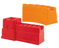 HAPE Great Castle Walls by HAPE includes two plastic building block pieces: a red rectangular piece with decorative arches and ridges on top, reminiscent of the Great Wall of China, and an orange slightly curved piece with a smooth surface and similar ridges—perfect for imaginative role play.