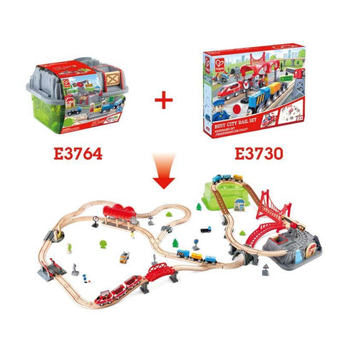 Image showing two toy sets. The top left includes a storage box with a wooden train set and tracks labeled HAPE Railway Bucket Builder Set (E3764). The top right shows a box labeled HAPE (E3730), containing a 50-piece city rail set with bridges, tracks, trees, and other accessories. An arrow points to a combined build-your-own-town setup.