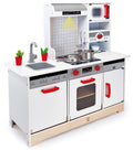 The HAPE All-in-1 Kitchen is a children's play kitchen featuring a sink, stove, oven, microwave, and cabinets. It boasts a predominantly white design with red handles and comes with accessories such as pots, pans, and two small potted plants by the sink. The backdrop includes a charming tile design for realistic role-play.