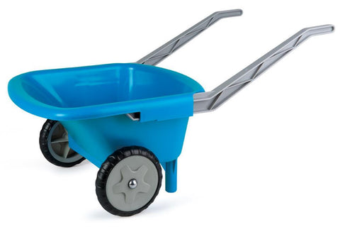 The Hape Beach Barrow - Blue by Hape features two grey handles and all-terrain tires. Lightweight and versatile, this blue plastic wheelbarrow is shown empty on a plain white background.