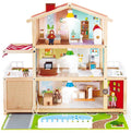 The Hape Doll Family Mansion, crafted by Hape, is a wooden dollhouse boasting three floors and a charming red roof. It comes fully furnished with miniature pieces such as beds, tables, lamps, and even a computer. The mansion includes an assortment of dolls and accessories for immersive play. Set on a decorated play mat adorned with paths and greenery, this house is perfect for imaginative family role-playing scenarios.