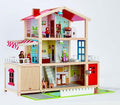 The Hape Doll Family Mansion by Hape is a multi-story wooden dollhouse featuring three levels with diverse rooms, including a bedroom, bathroom, living room, kitchen, and a rooftop terrace. Ideal for imaginative family play, the dollhouse enhances fine motor skills through its detailed miniature furniture and small doll figures. It also includes a charming small lawn at the front.