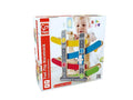 The image shows the Hape Fast Flip Racetrack by Hape in its packaging. Made from wooden materials, it features a colorful multi-level racetrack with numbered tracks and racing cars. The box depicts a smiling child demonstrating how to use the toy.