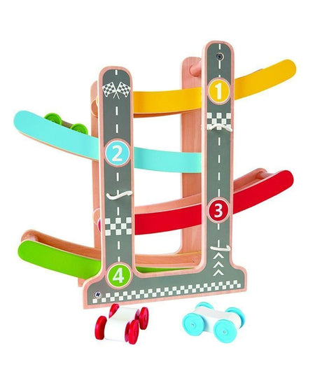 The Hape Fast Flip Racetrack, a wooden kids' toy by Hape, features four colorful zigzag ramps in yellow, red, mint green, and orange adorned with racing-themed markings. It also includes three small racing cars in blue, red, and white at the bottom.