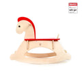 The Hape Grow-with-me Rocking Horse by Hape is a wooden toddler rocking toy with a red mane and seat. The rocking horse features a simple, minimalist design and is child-sized. An adjustable backrest ensures comfort, while the red and white "ÖKO-TEST" logo in the top right corner indicates a "Sehr Gut" (very good) rating.