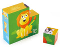 The Hape Jungle Animal Block Puzzle by Hape is a vibrant wooden toy featuring a cheerful lion illustration. This educational puzzle comprises multiple blocks that stack together to create the lion image, complete with a single block displaying part of a zebra pattern. Adorned with bright and lively colors, this jungle animal block puzzle is perfect for engaging young minds.