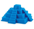 The Hape Mayan Pyramid by Hape is a small, blue plastic mold shaped like an ancient step pyramid with tiered levels and multiple staircases on each side, perfect for building sand pyramids at the beach.