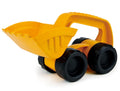 The Hape Monster Digger, by Hape, is a small yellow toy dump truck featuring large black wheels and a handle on top. Its simplistic design makes it perfect for young children and an ideal beach toy. The loader section at the front is intricately molded with ridges for added detail, making it perfect for digging in the sandpit. The toy is showcased against a white background.