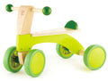 The Hape Scoot-Around is a lime green and wooden ride-on foot-powered bike crafted especially for young children. It boasts a sturdy wooden seat, two handlebars with green knobs, and four vibrant green wheels. Ideal for developing muscle strength and balance, the Hape logo is subtly engraved on the front section.