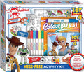 Box packaging of a "Hinkler Inkredibles Activity Kit Toy Story 4." The kit includes coloring books, ColourBURST markers, and stickers, featuring characters like Woody, Buzz Lightyear, and Bo Peep. The text highlights "ColourBURST" and "Mess-Free" attributes for a fun and clean experience.