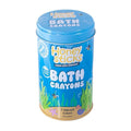 A cylindrical blue container labeled "Honeysticks Bath Crayons (7 pk)" from the brand Honeysticks, adorned with illustrations of underwater plants, fish, and bubbles. The container highlights its eco-friendly nature and contains 7 vibrant, non-toxic colors made from food grade pigments, weighing 208 grams.