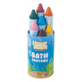 A cylindrical blue container labeled "Honeysticks Bath Crayons (7 pk)" holds seven large, colorful, non-toxic bath crayons from the Honeysticks brand. The front of the container features underwater illustrations with seaweed and happily swimming marine creatures.