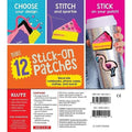 A *Klutz Make Your Own Stick on Patches* package from KLUTZ displays a vibrant patch-making set. The top images feature a cake patch design on blue fabric and a pink slice of cake patch ready to stitch. The main image highlights a flamingo patch adorning a sparkly silver cup. Instructions and kit details for this enjoyable kids' embroidery sewing kit are also visible.