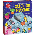 A vibrant box labeled "Klutz Make Your Own Stick on Patches" showcases a denim jacket and shoes decorated with various stick-on patches, such as a strawberry, a cactus, a unicorn, a pretzel, and a rainbow. The packaging highlights 12 engaging embroidery projects for kids and prominently features the KLUTZ brand logo.