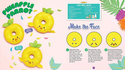 An illustrated tutorial from the "Klutz Sew Your Own Donut Animals" by KLUTZ shows how to make pineapple parrot doughnuts. It lists needed items: yellow frosting, black and pink icing, donettes, green gumdrops, pineapple leaves, a piping bag, and a ruler. Three steps are depicted on how to create parrot faces on the doughnuts that look just like felt donuts or plushies from the Klutz Sew Your Own Donut Animals kit.