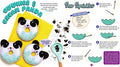 A colorful, instructional graphic titled "Klutz Sew Your Own Donut Animals" by KLUTZ shows how to sew sprinkles onto panda face felt donut plushies. Three plushies are displayed, along with step-by-step instructions, tools needed from the sewing kit, and images detailing each step, including stitching techniques.