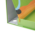 A close-up of the MIEREDU Magnetic Art Case - Animal World by MIEREDU, with a bright green cover, reveals a colorful interior design crafted from eco-friendly materials. The vibrant pattern includes orange, blue, and green elements designed to stimulate a child's imagination. A circular hole is punched on the side for easy binding.