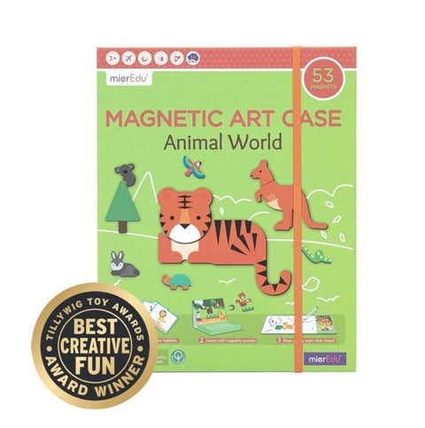 The green and orange MIEREDU Magnetic Art Case - Animal World by MIEREDU features illustrated animals and 53 magnets on the cover. Made from eco-friendly materials, this educational magnetic game boasts an award-winning design with a Tillywig Toy Awards "Best Creative Fun" badge. An orange elastic band secures the package.