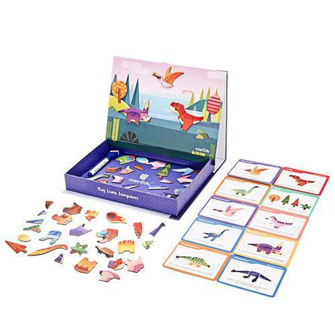 The MIEREDU Magnetic Art Case - Dino World by MIEREDU is a children's educational toy set that features magnetic dinosaur pieces and matching cards displayed on a flat surface. The open box with compartments houses various colorful dinosaur magnets, designed to develop fine motor skills, while the background showcases a vibrant prehistoric scene with mountains and birds.