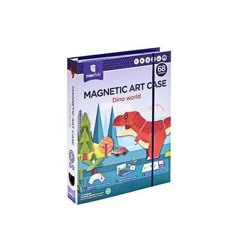 The box of the children's toy "MIEREDU Magnetic Art Case - Dino World" by MIEREDU features vibrant dinosaur illustrations and contains 68 pieces. This educational magnetic puzzle game is aimed at stimulating a child's imagination and is predominantly blue, showcasing a prominent red dinosaur on the front.