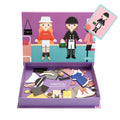 The MIEREDU Magnetic Art Case - Dress Up by MIEREDU features a box with a magnetic board displaying two charming illustrated characters. The bottom compartment contains several eco-friendly magnetic clothing pieces. Additionally, a styled outfit is showcased on the right side to inspire kids' imagination.