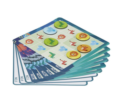 Introducing the MIEREDU Magnetic Sudoku - Starter Kit, a stack of colorful, illustrated game boards designed for young children. The top board showcases a grid pattern adorned with round, colored game pieces featuring images of various forest animals and symbols. Along the edges, you can see visible numbering such as NO.20 and NO.3, reminiscent of a classic Sudoku game.
