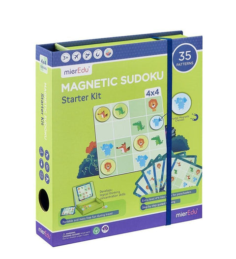 The image displays a box of the "MIEREDU Magnetic Sudoku - Starter Kit." This Sudoku game, created for young children ages 3 and up, includes 4x4 grids and 35 forest animal-themed patterns. The packaging emphasizes developmental benefits such as enhancing logic skills and its travel-friendly design.