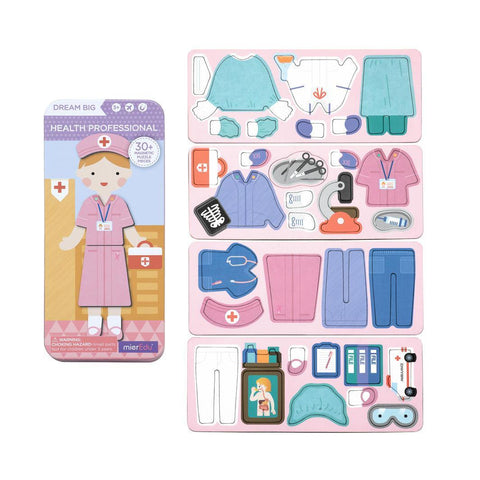 The MIEREDU Travel Magnetic Puzzle Box - Dream Big Series Health Professional features a children's magnetic dress-up puzzle box with a health professional theme. The set includes a magnetic figure on the left side and various magnetic clothing and medical accessory pieces on the right, such as scrubs, masks, medical tools, and badges.