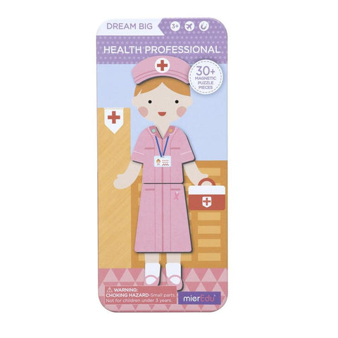 The MIEREDU Travel Magnetic Puzzle Box - Dream Big Series Health Professional features a nurse figure in a pink uniform with a red cross hat and a medical kit. Housed in a durable puzzle box, this MIEREDU set contains over 30 pieces and is designed for children ages 3 and up. A small parts choking hazard warning is included.