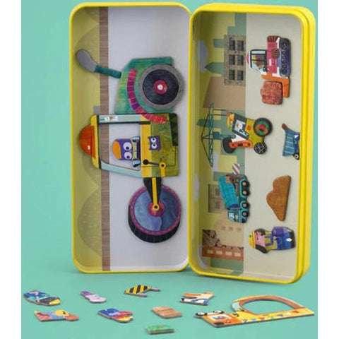 The MIEREDU Travel Magnetic Puzzle Box - Trucks by MIEREDU is open, revealing magnetic puzzle pieces of colorful vehicles, people, and construction equipment inside. Some pieces are placed on the inside of the lid and base, depicting scenes involving a tractor, crane, and workers—perfect for children's brain development.