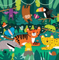 Illustration of a vibrant jungle scene featuring a variety of animals. A tiger and a cheetah relax on the grass, surrounded by a frog, a sloth hanging, a toucan, a bat, a chameleon, and colorful butterflies. Lush green foliage fills the background like an oversized rainforest scene depicted in the Mudpuppy 25pc Floor Puzzle - Rainforest from Mud Puppy made from recycled materials.