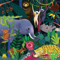 A colorful illustration featuring various jungle animals among dense foliage. Prominently displayed are a leopard sleeping on a branch, an elephant, a rhinoceros, two gibbons hanging from vines, a bear, a toucan, a snake, bats, an orange monkey, and several other creatures in this Mudpuppy Glow in the Dark 500pc Puzzle - Jungle by Mud Puppy.