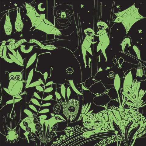 Mudpuppy Glow in the Dark 500-piece puzzle - Jungle by Mud Puppy features a whimsical, glowing green illustrated scene of various jungle animals against a black night sky. The puzzle includes an elephant, sloths, bats, a parrot, a snake, an owl, a frog, a cheetah, and toucans surrounded by lush plants and trees. Perfect for adding extra magic to any space with its glow-in-the-dark feature.